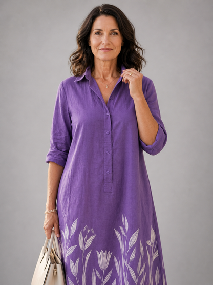 Ursule — Robe chemise violette à motif de tulipes