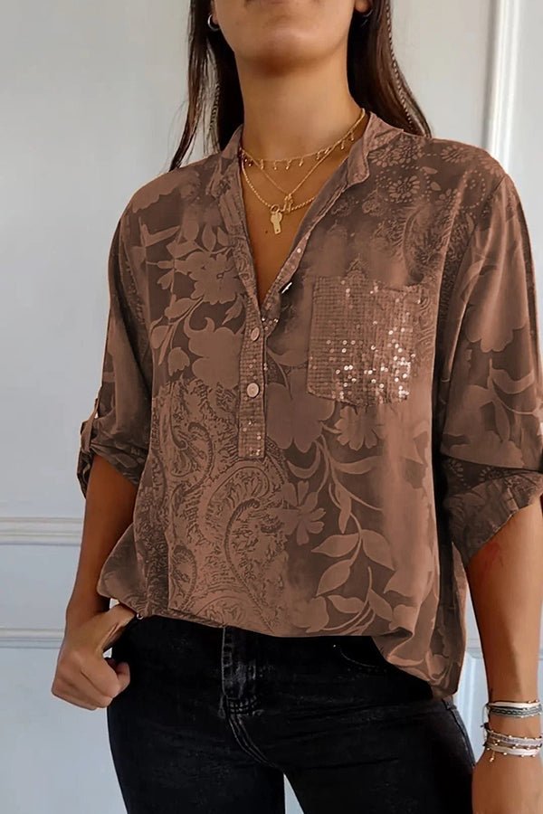 Blanchette | Blouse à motif floral ton sur ton — Chocolat