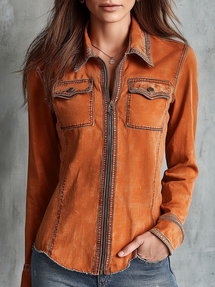 Florentine | Veste zippée en jean délavé terracotta — Terracotta