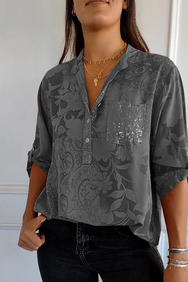 Blanchette | Blouse à motif floral ton sur ton — Gris anthracite