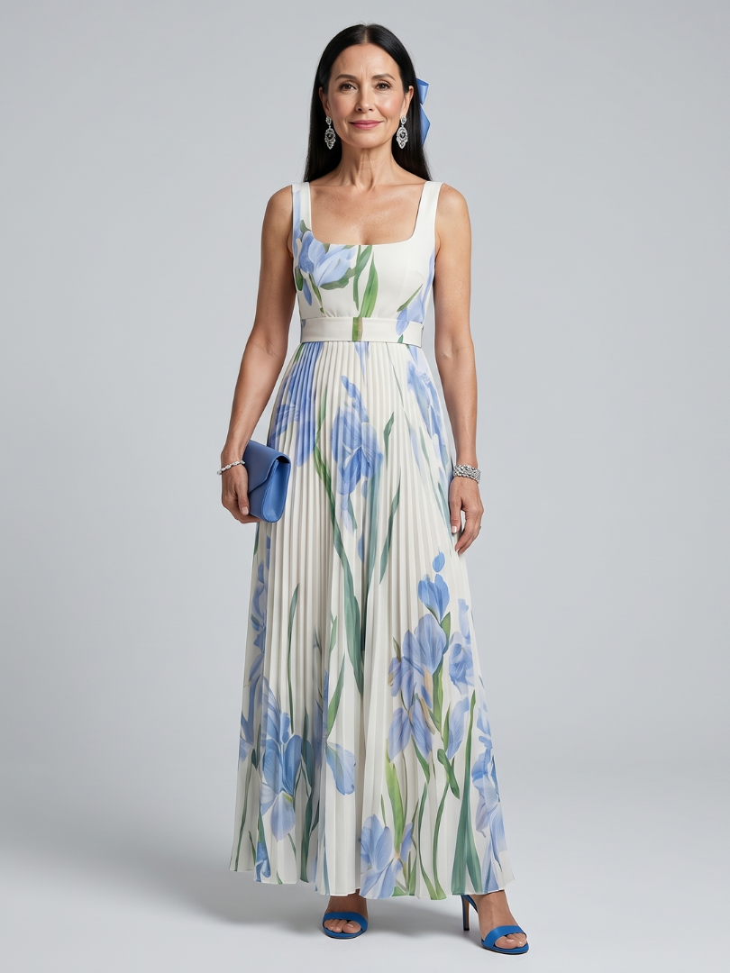 Sarah — Robe longue plissée à encolure carrée, coloris Écru à iris bleus