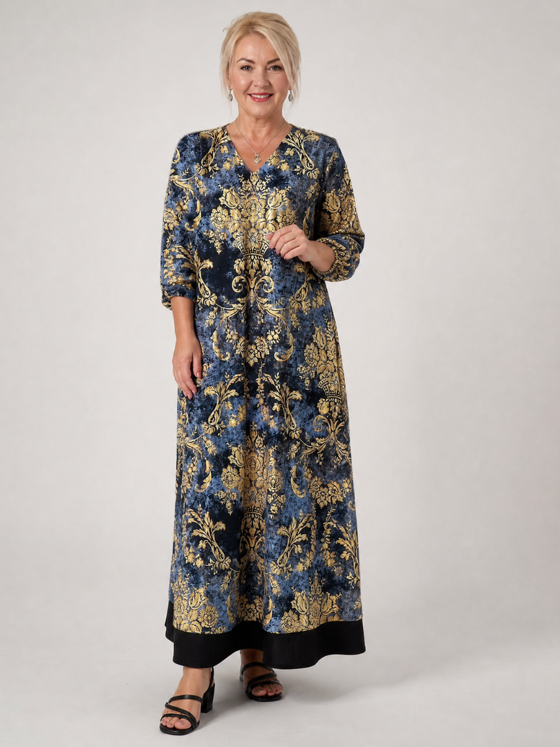 Quitterie — Robe longue à damas fleuri, coloris Bleu nuit et or