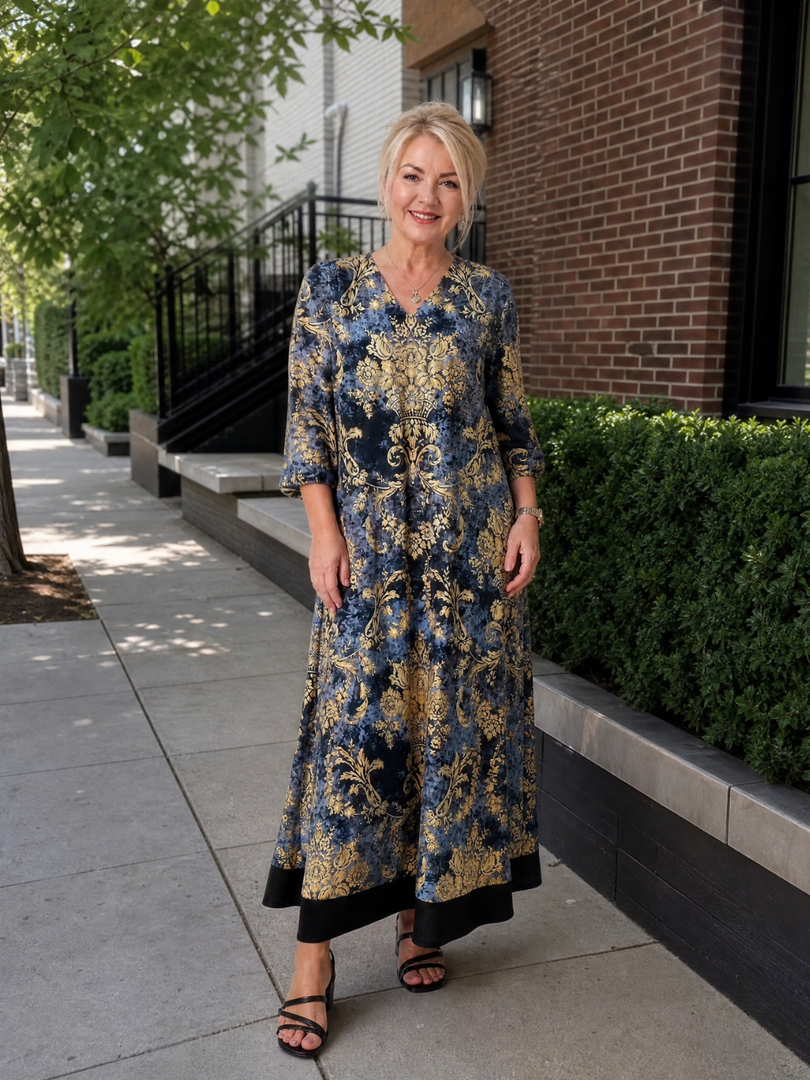 Quitterie — Robe longue à damas fleuri