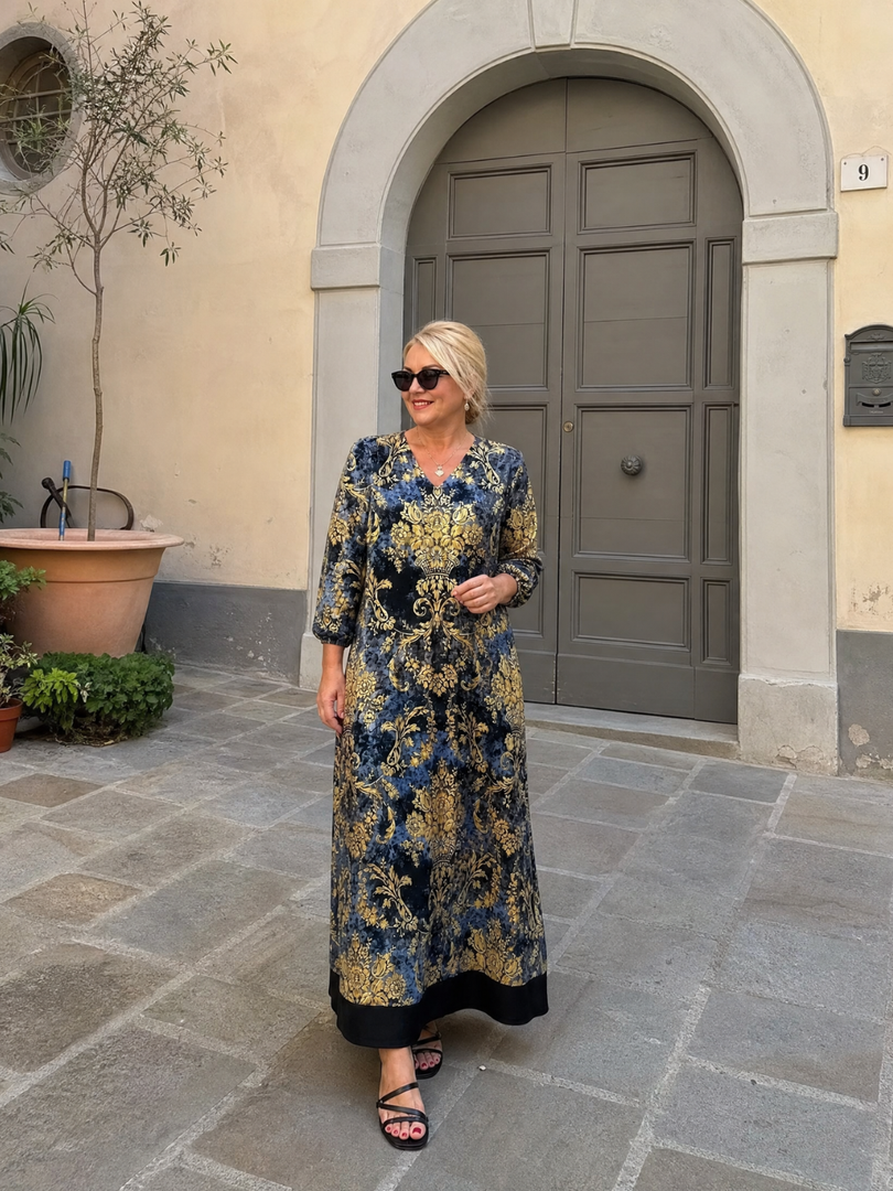 Quitterie — Robe longue à damas fleuri