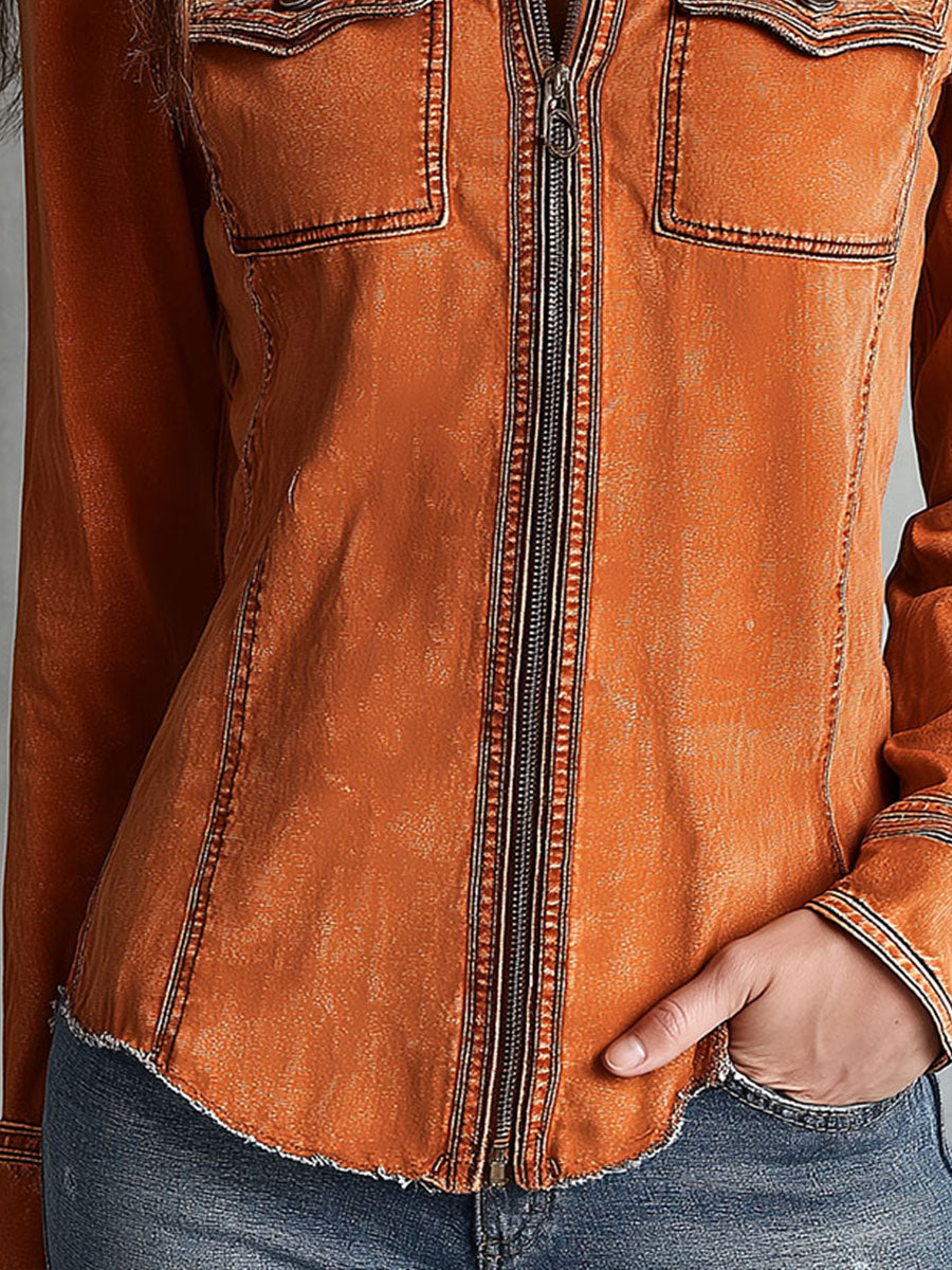 Florentine | Veste zippée en jean délavé terracotta