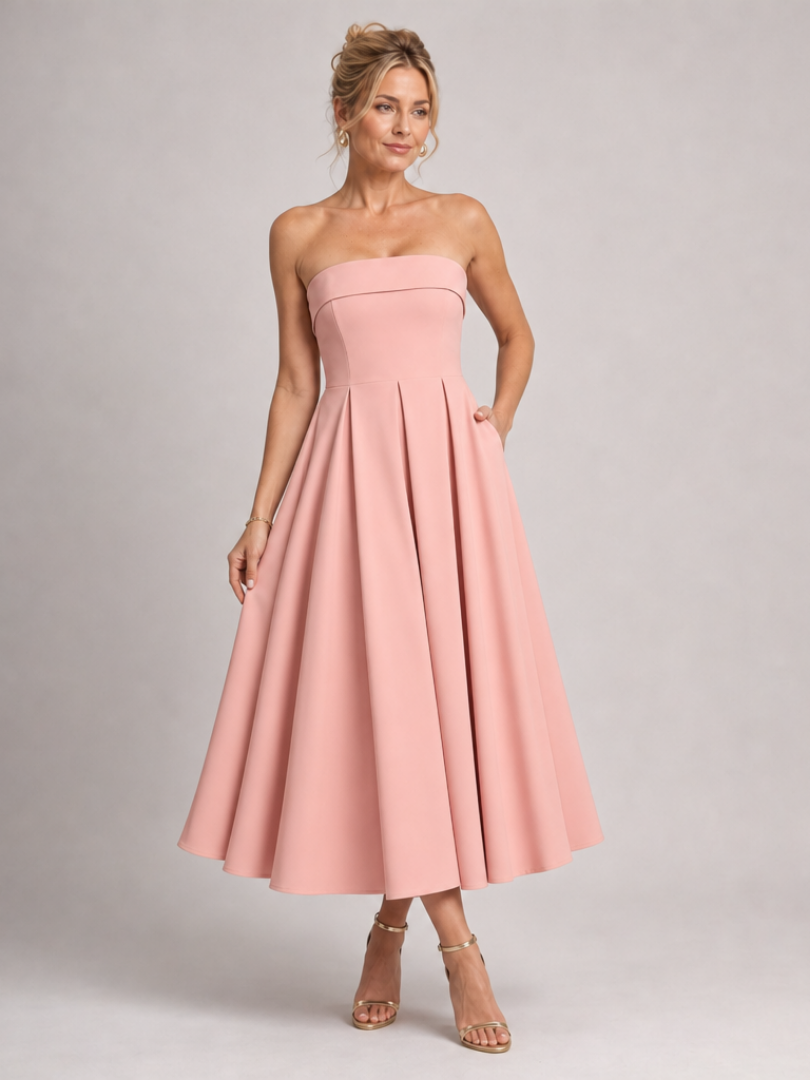 Joséphine — Robe bustier midi à jupe évasée, coloris Rose poudré