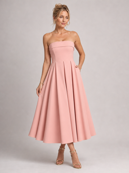 Joséphine — Robe bustier midi à jupe évasée, coloris Rose poudré