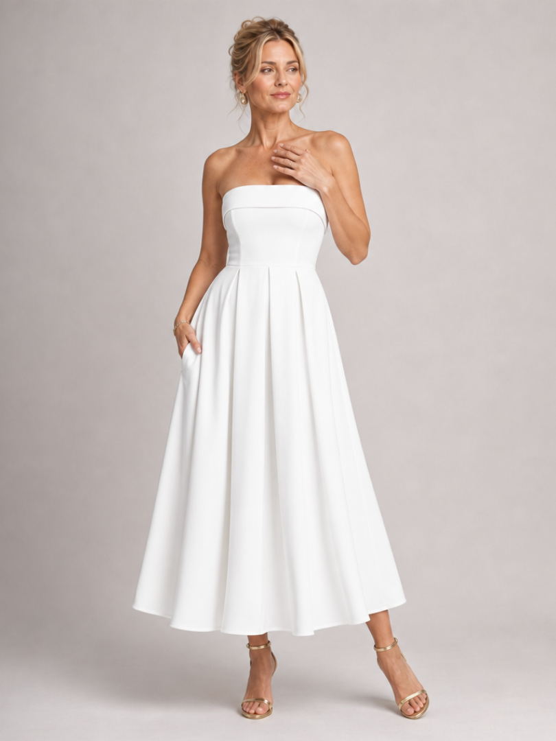 Joséphine — Robe bustier midi à jupe évasée, coloris Blanc