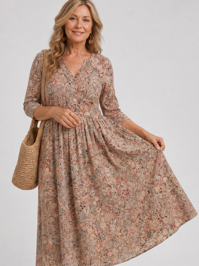 Jocelyne — Robe midi fleurie à manches 3/4