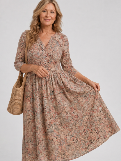 Jocelyne — Robe midi fleurie à manches 3/4