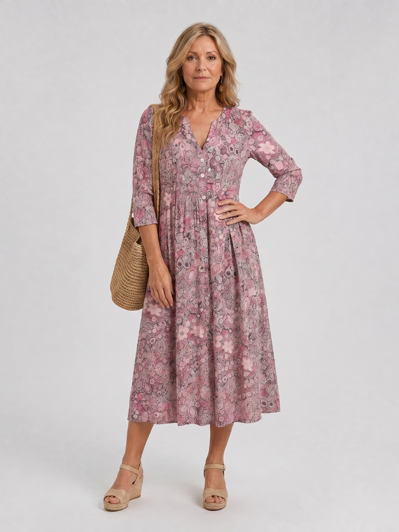Jocelyne — Robe midi fleurie à manches 3/4, coloris Rose fleuri