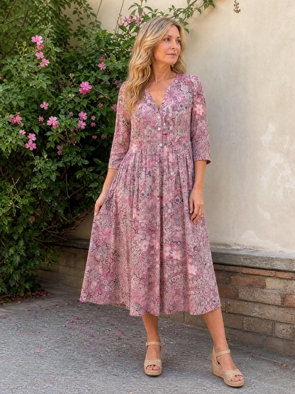 Jocelyne — Robe midi fleurie à manches 3/4