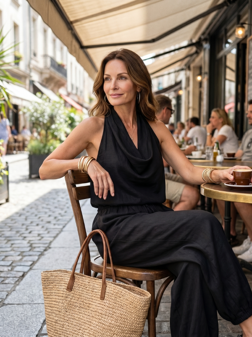 Femme portant un ensemble deux pièces avec top dos-nu drapé et pantalon large, coloris noir