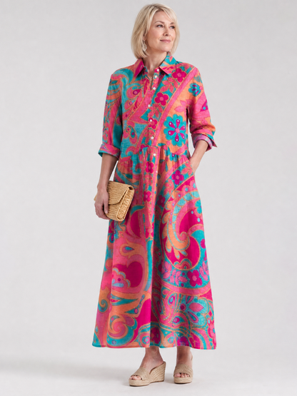 Emmanuelle — Robe longue chemise à imprimé paisley, coloris Fuchsia et turquoise