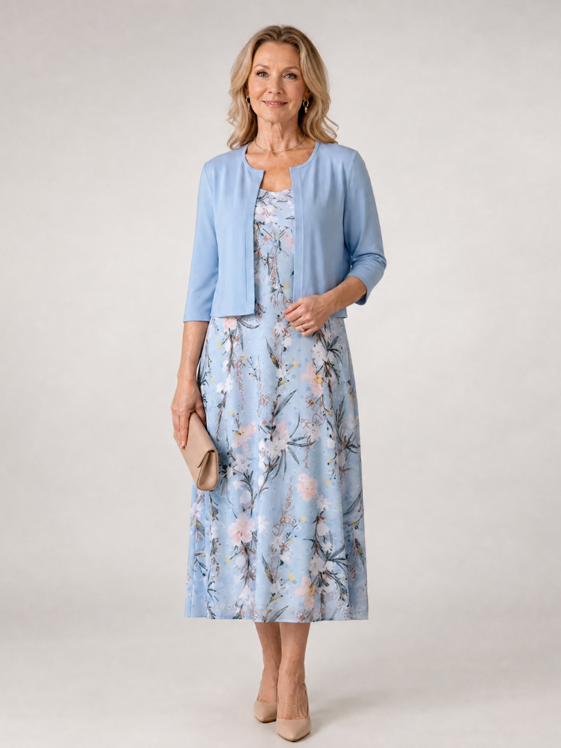 Danielle — Robe midi fleurie avec boléro assorti, coloris Bleu ciel fleuri