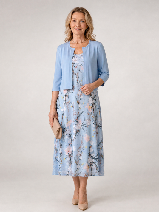 Danielle — Robe midi fleurie avec boléro assorti, coloris Bleu ciel fleuri