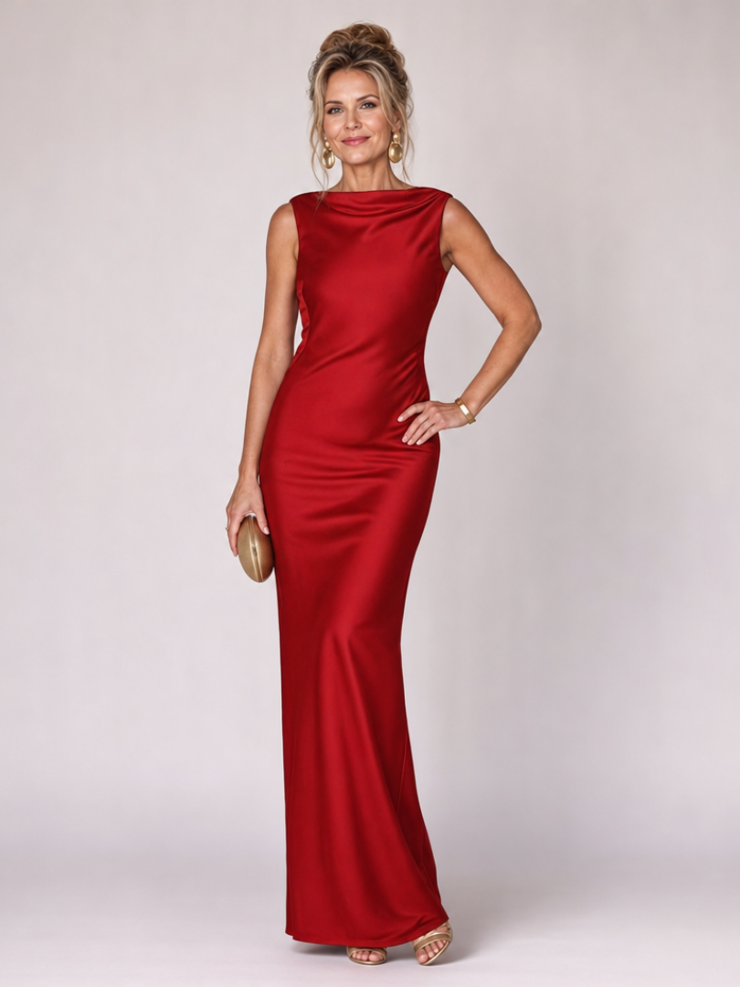 Sylvie — Robe longue près du corps à encolure bateau, coloris Rouge