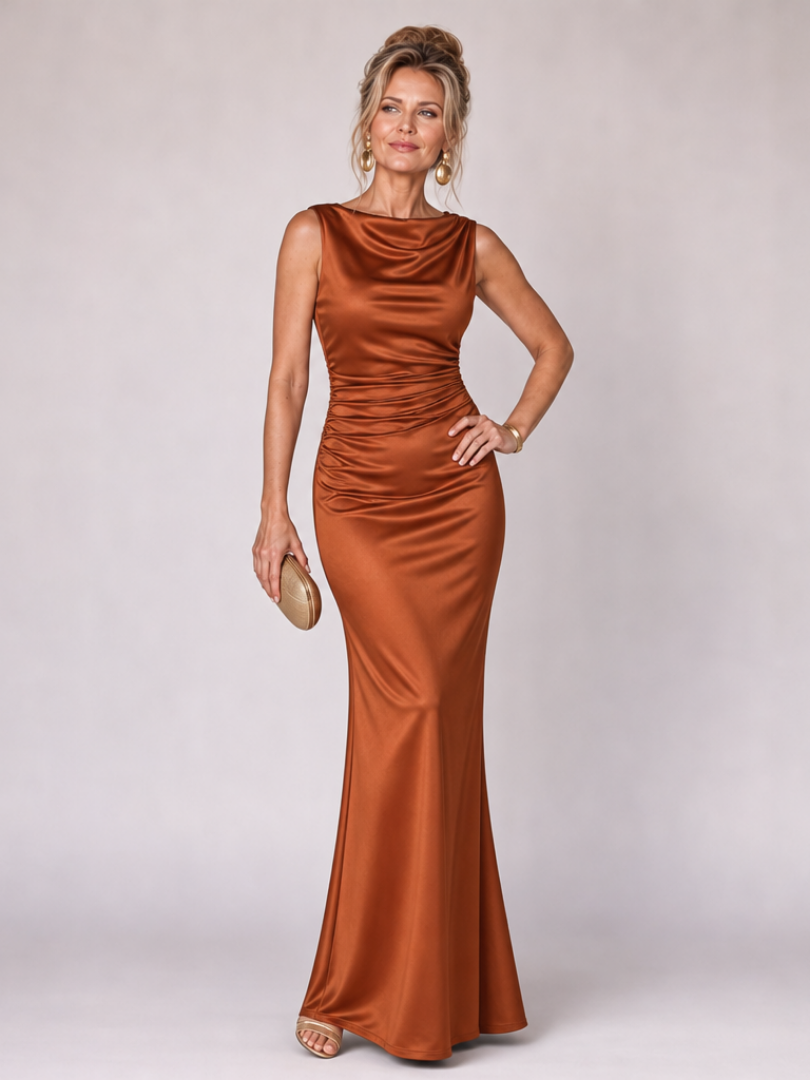 Sylvie — Robe longue près du corps à encolure bateau, coloris Terracotta