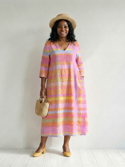 Bertille — Robe midi ample à rayures pastel, coloris Rayé pastel