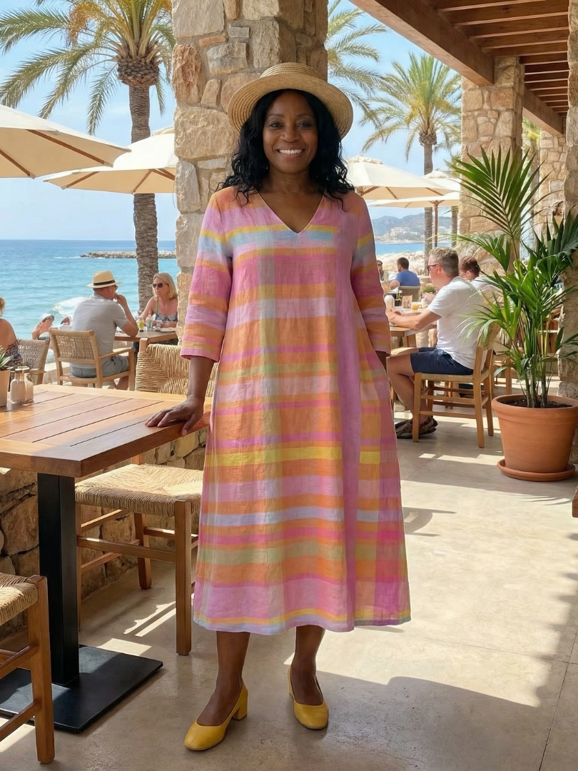 Bertille — Robe midi ample à rayures pastel