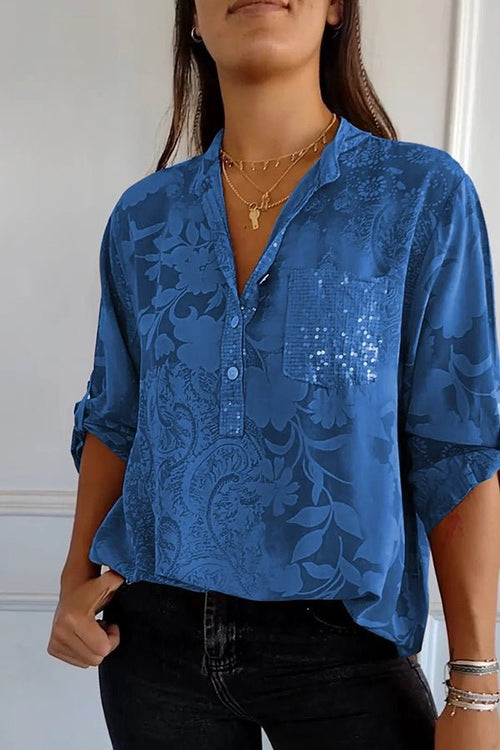 Blanchette | Blouse à motif floral ton sur ton — Bleu roi