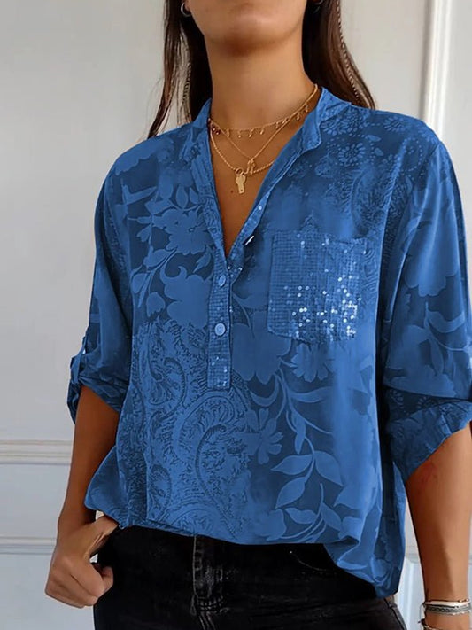 Blanchette | Blouse à motif floral ton sur ton — Bleu roi