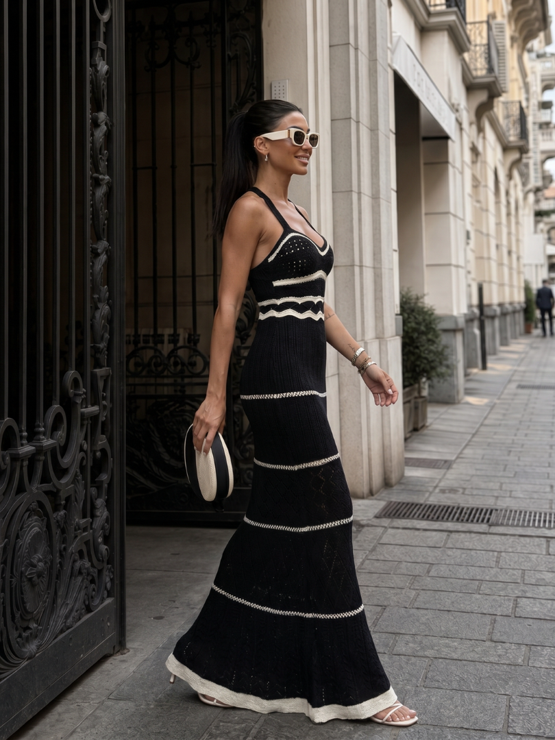 Charline — Robe longue en maille ajourée à fines bretelles