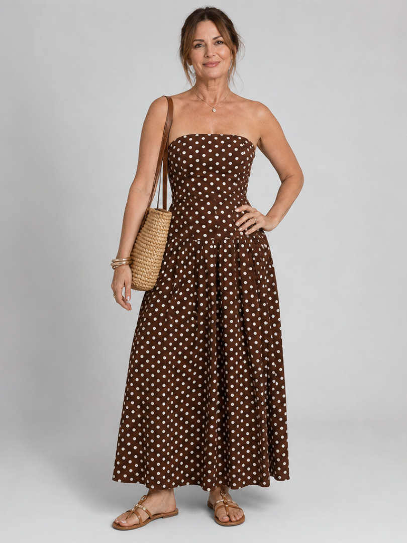 Carole — Robe longue bustier à pois, coloris Chocolat à pois
