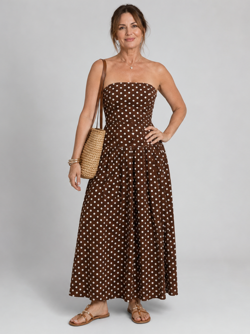 Carole — Robe longue bustier à pois, coloris Chocolat à pois