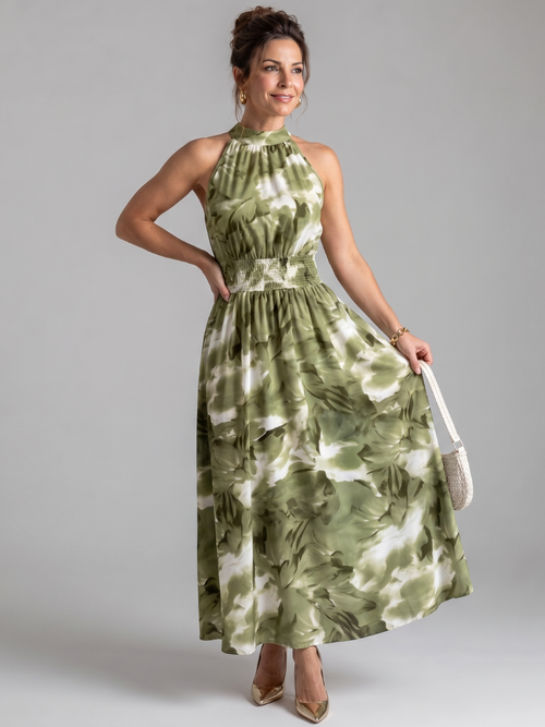 Lisandre — Robe longue dos nu à taille smockée, coloris Vert olive fleuri
