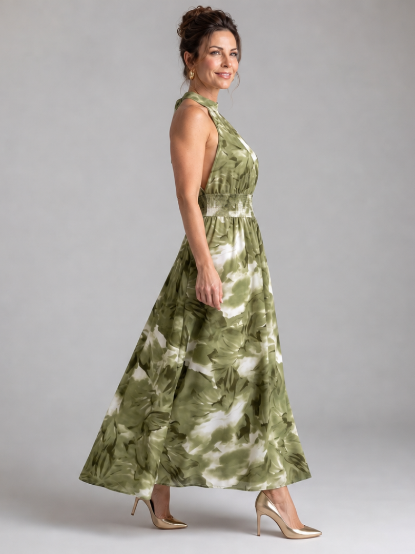 Lisandre — Robe longue dos nu à taille smockée