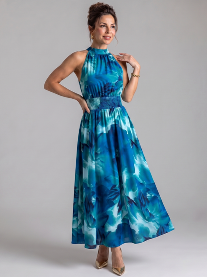 Lisandre — Robe longue dos nu à taille smockée, coloris Bleu fleuri