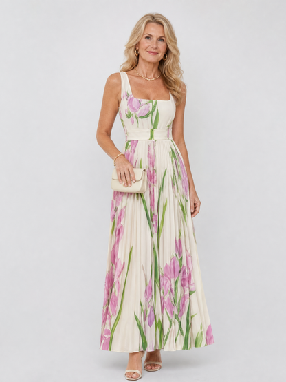 Georgette — Robe longue plissée à encolure carrée