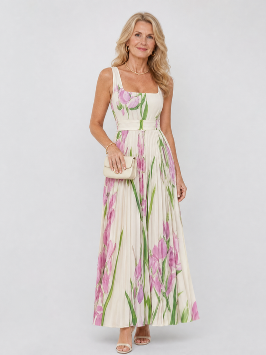 Georgette — Robe longue plissée à encolure carrée