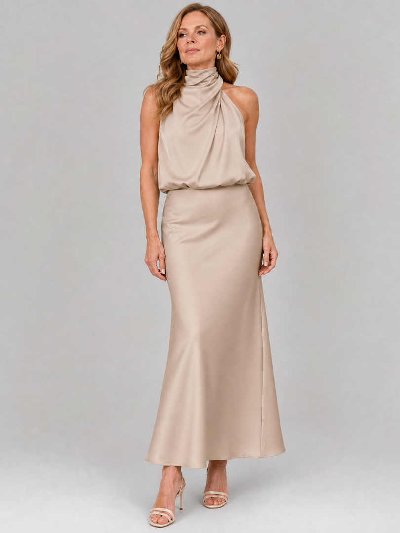Ursuline — Robe longue satinée dos nu drapée, coloris Champagne