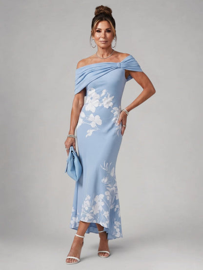 Cyrielle — Robe longue épaules dénudées drapée, coloris Bleu ciel fleuri