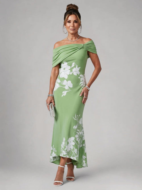 Cyrielle — Robe longue épaules dénudées drapée, coloris Vert fleuri