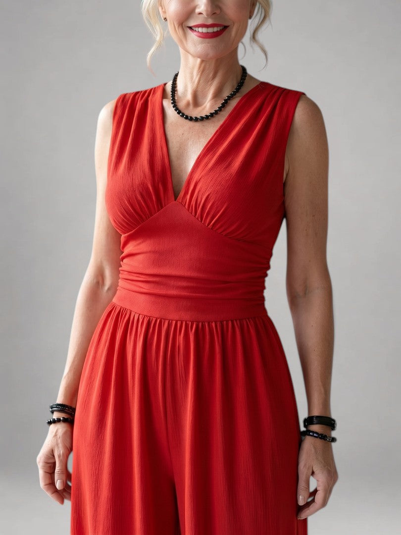Femme portant une combinaison à col V profond et jambes larges, coloris rouge