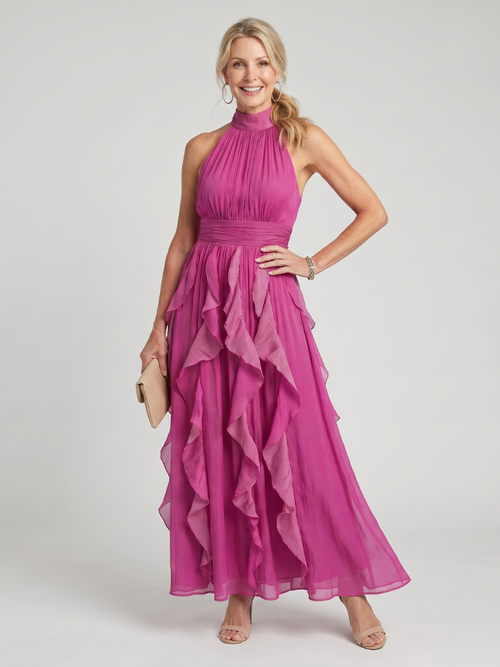 Wanda — Robe longue à col montant et volants, coloris Fuchsia
