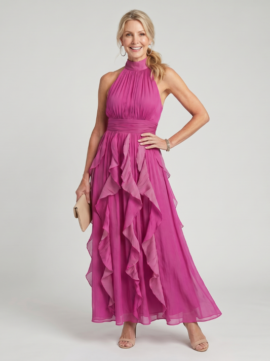 Wanda — Robe longue à col montant et volants, coloris Fuchsia