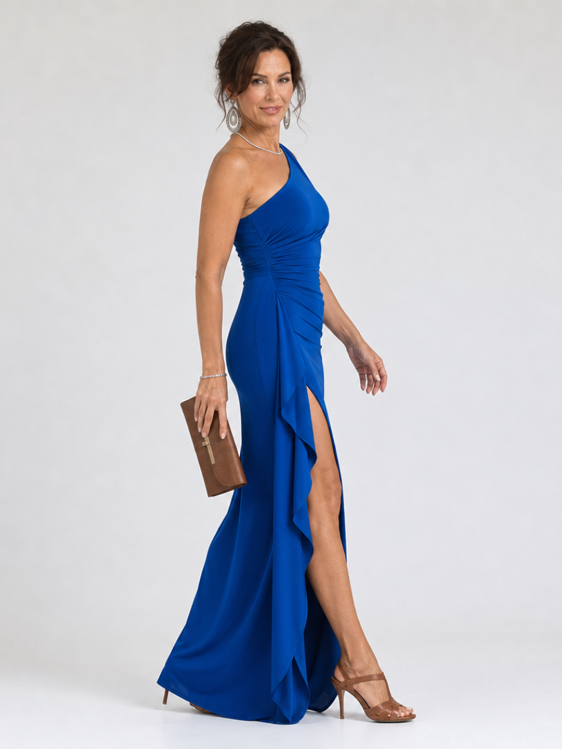Ariane — Robe longue asymétrique drapée à fente haute