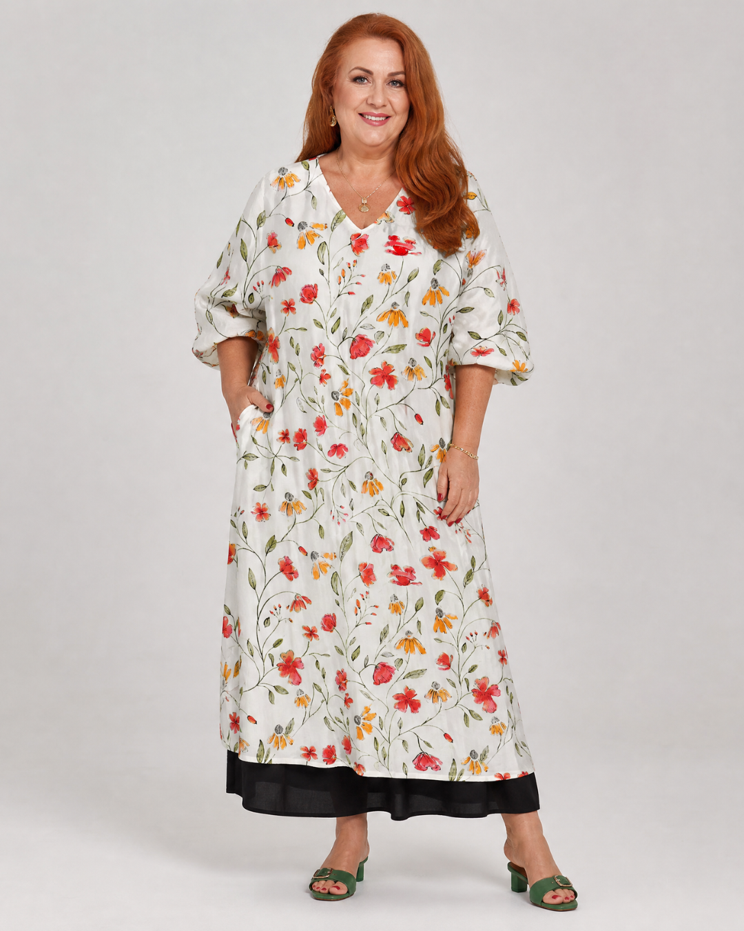Fabienne — Robe longue à fleurs des champs, coloris Blanc fleuri