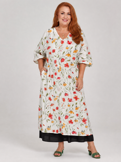 Fabienne — Robe longue à fleurs des champs, coloris Blanc fleuri