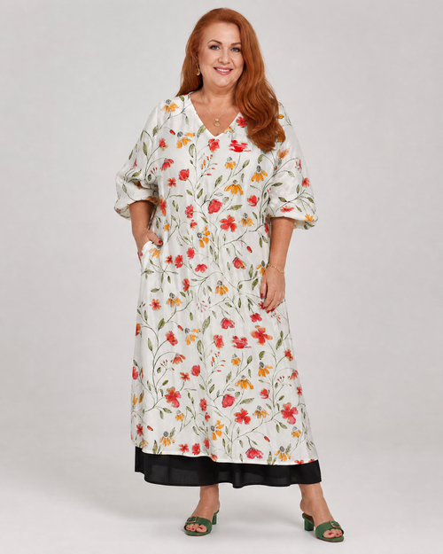 Fabienne — Robe longue à fleurs des champs, coloris Blanc fleuri