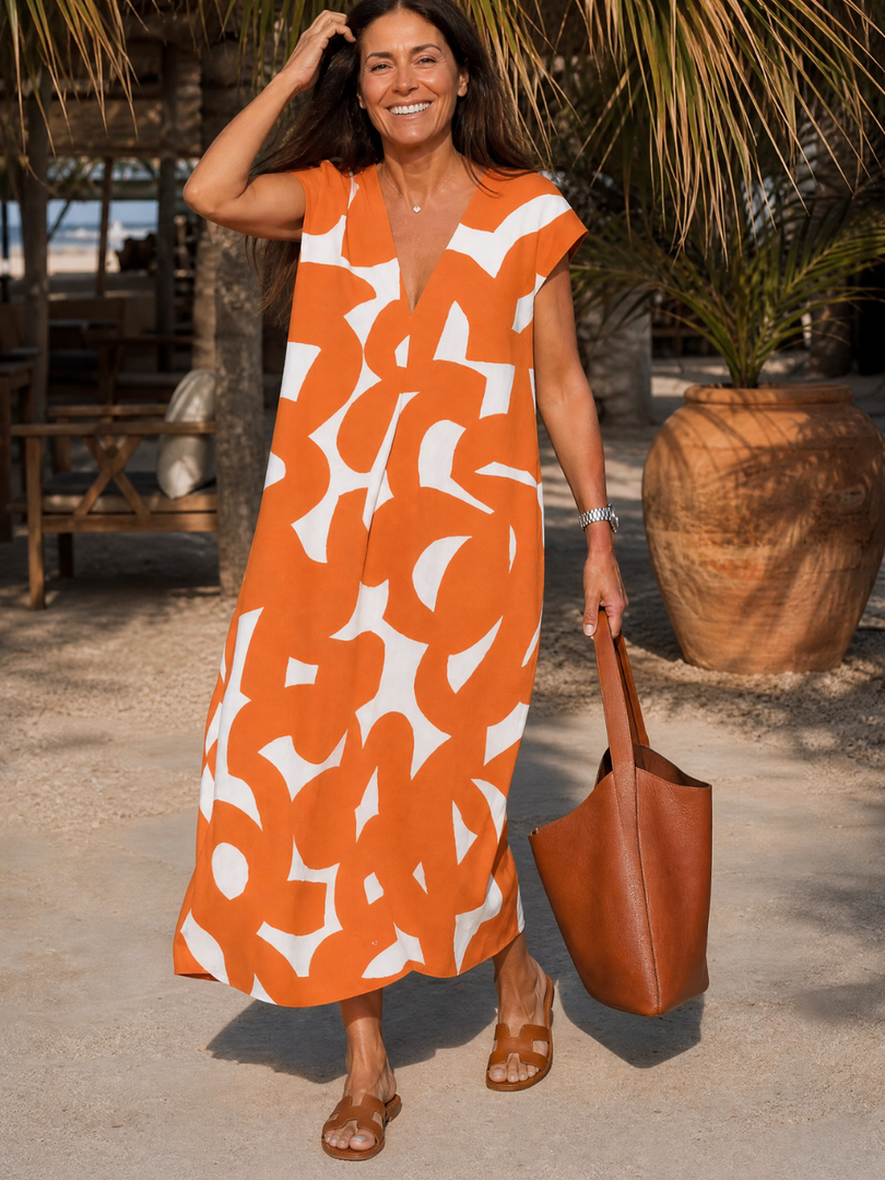 Ondine — Robe longue à imprimé graphique, coloris Orange et blanc