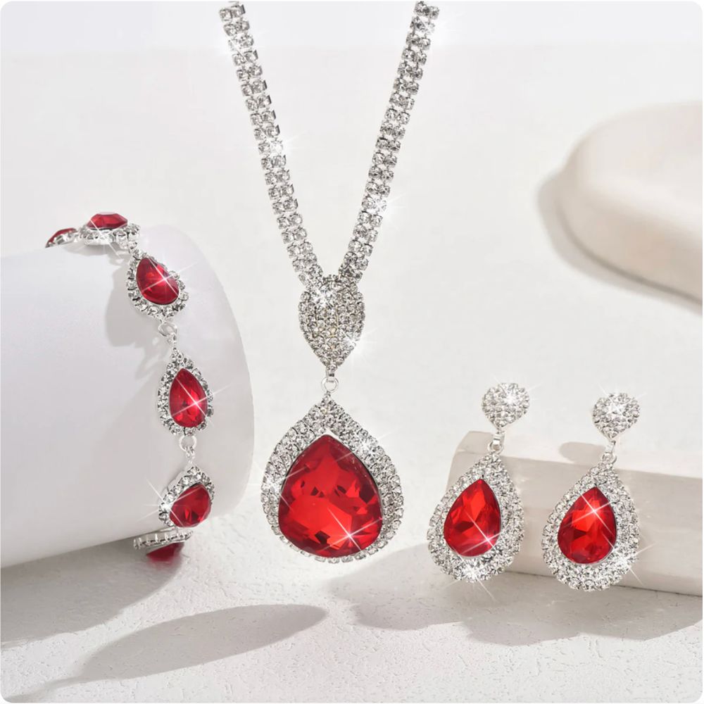Daphné | Parure trois pièces en rouge et argenté – Vue 01