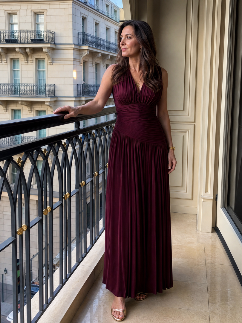 Zita — Robe longue plissée à col V