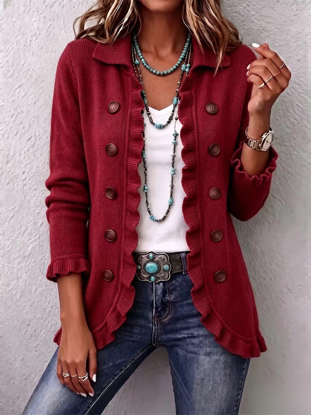 Rosalie | Veste rouge rubis en maille côtelée à volants
