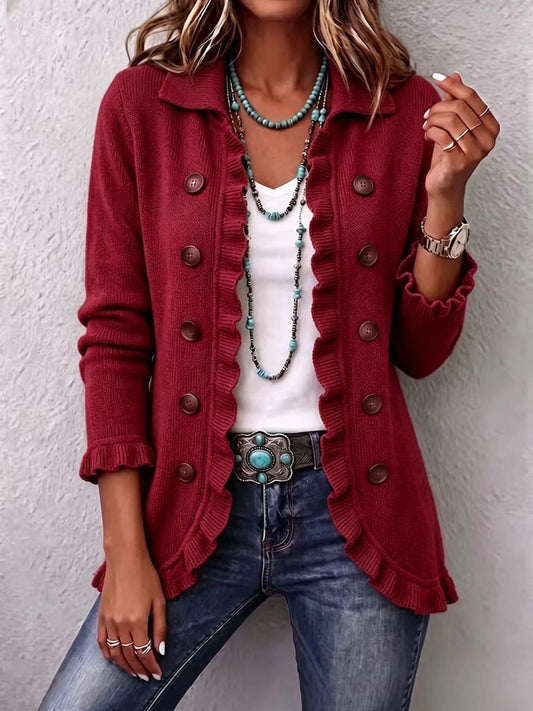 Rosalie | Veste rouge rubis en maille côtelée à volants