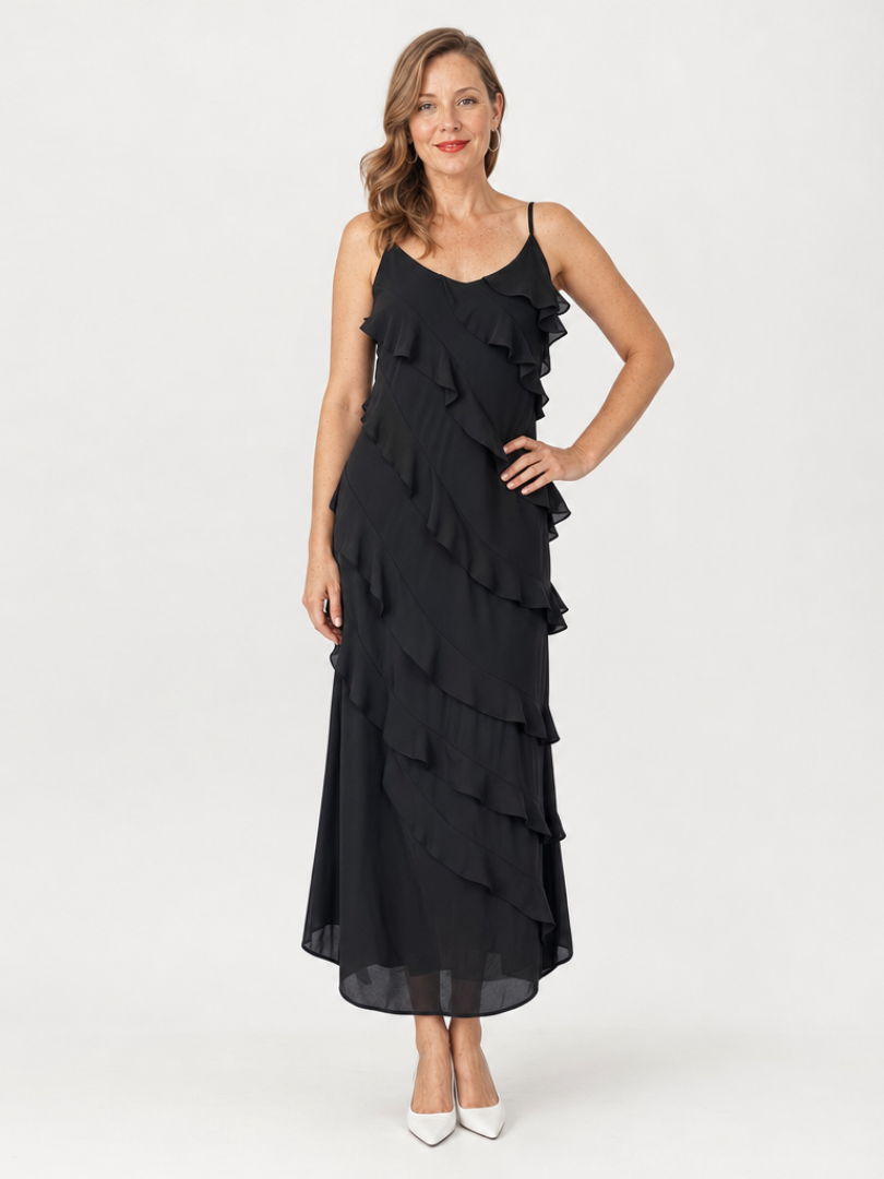 Aurore — Robe longue à volants étagés, coloris Noir